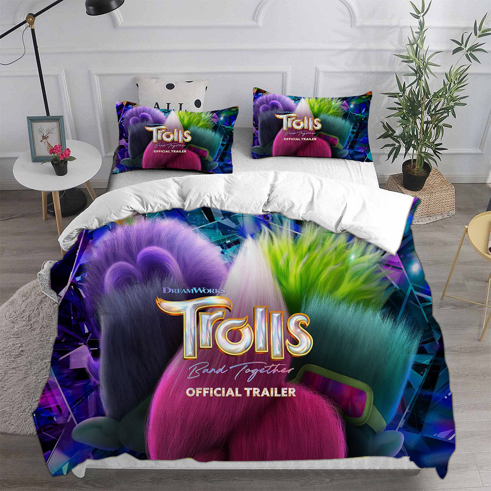 Trolls Band Together Cosplay Bedding Set Duvet Cover Pillowcases Halloween Home Decor