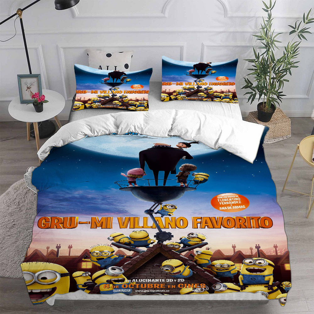 Minions The Rise of Gru Cosplay Bedding Set Duvet Cover Pillowcases Halloween Home Decor