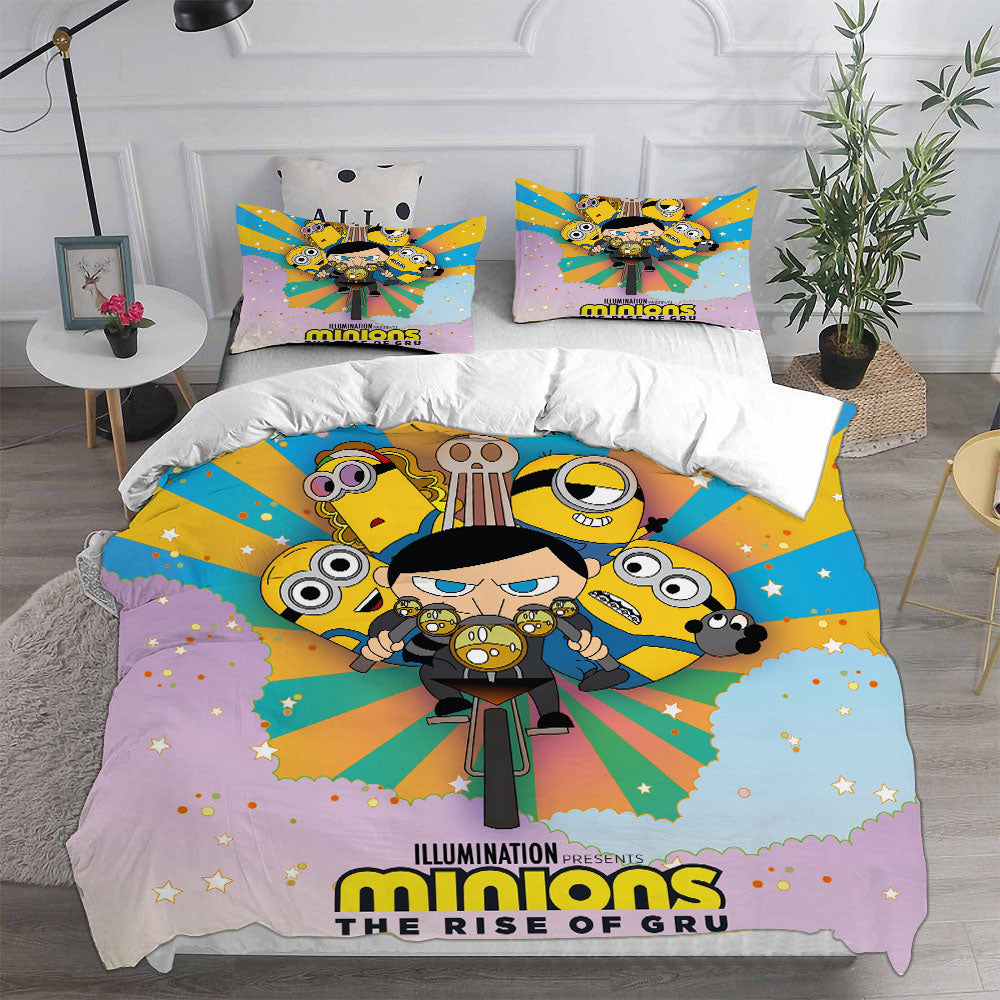 Minions The Rise of Gru Cosplay Bedding Set Duvet Cover Pillowcases Halloween Home Decor