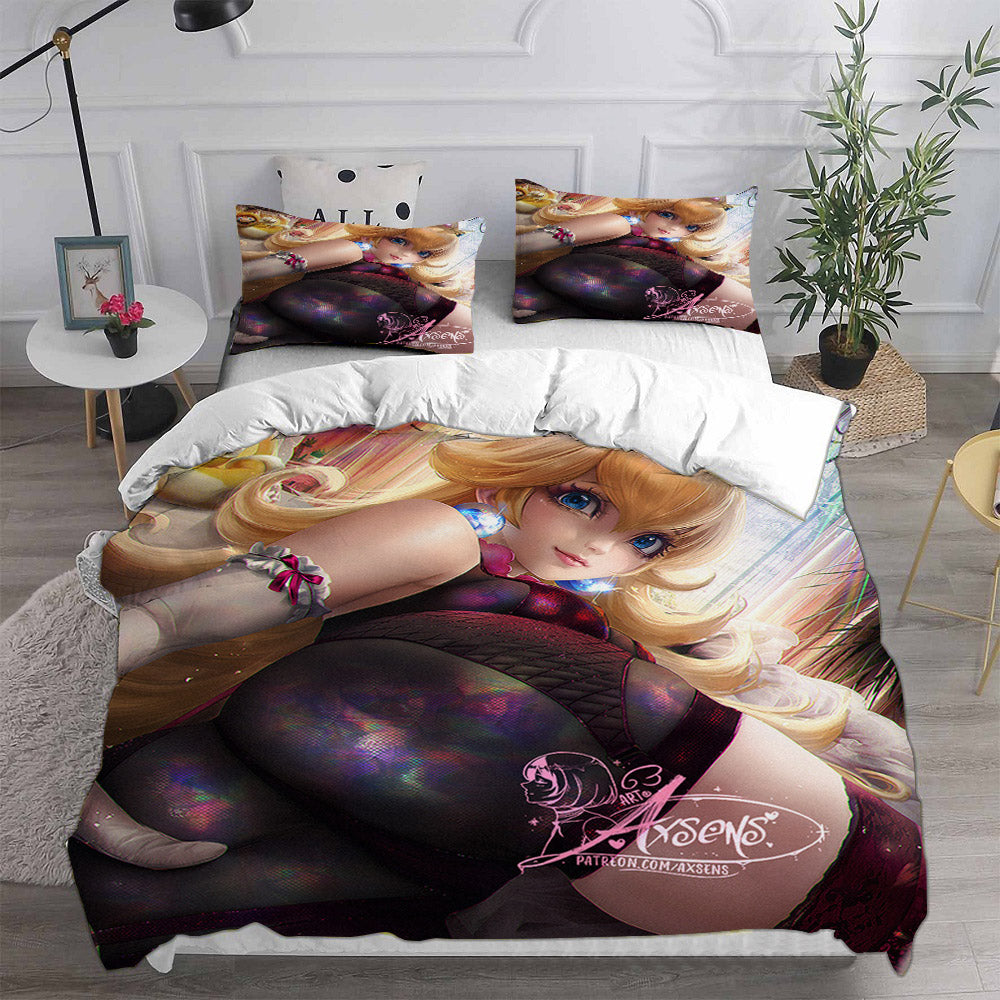 Princess Peach Cosplay Bedding Set Duvet Cover Pillowcases Halloween Home Decor