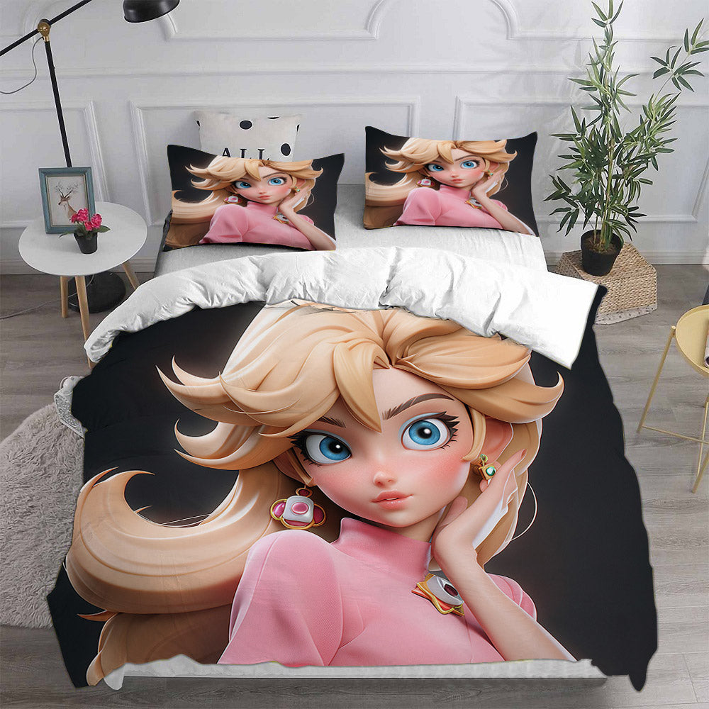 Princess Peach Cosplay Bedding Set Duvet Cover Pillowcases Halloween Home Decor