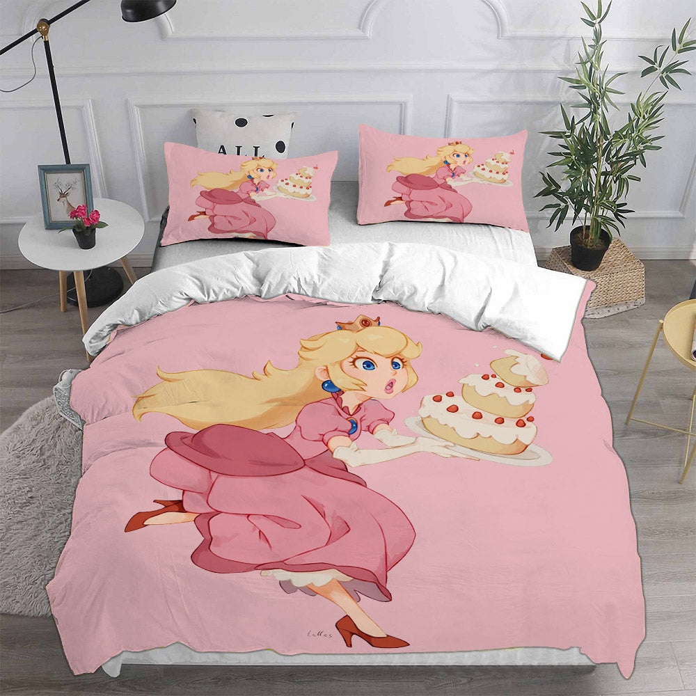 Princess Peach Cosplay Bedding Set Duvet Cover Pillowcases Halloween Home Decor