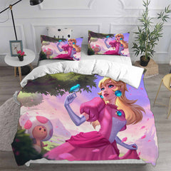 Princess Peach Cosplay Bedding Set Duvet Cover Pillowcases Halloween Home Decor