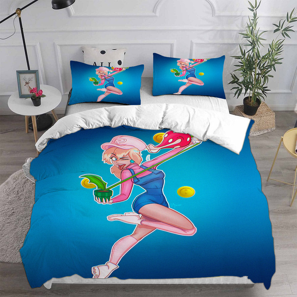 Princess Peach Cosplay Bedding Set Duvet Cover Pillowcases Halloween Home Decor