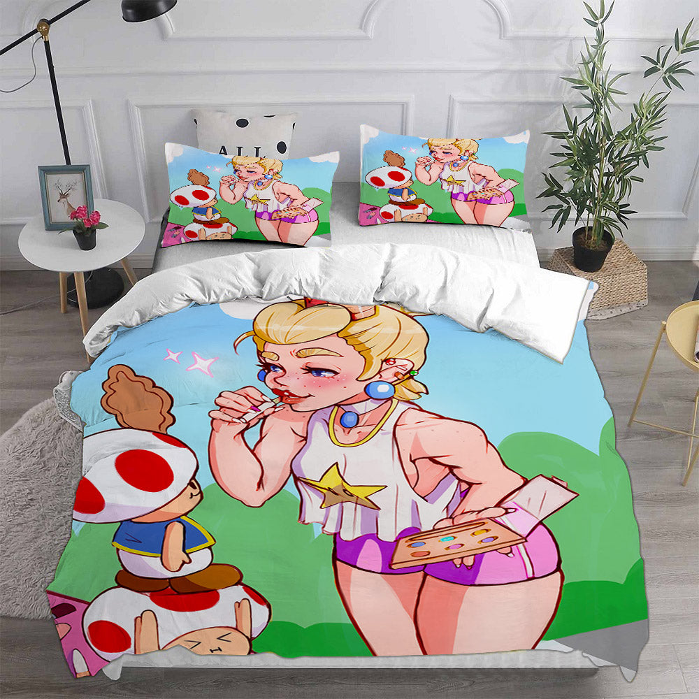 Princess Peach Cosplay Bedding Set Duvet Cover Pillowcases Halloween Home Decor