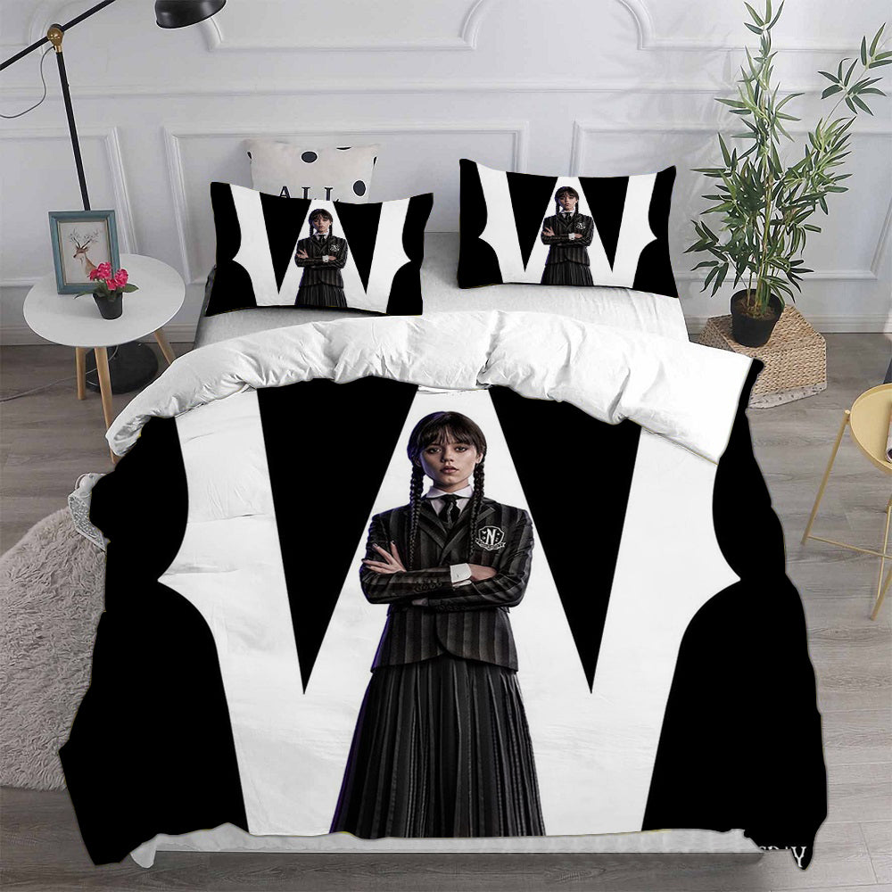 Wednesday Addams Cosplay Bedding Set Duvet Cover Pillowcases Halloween Home Decor